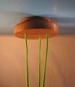 3 Cable Ceiling Rose with green fabric cables and birch plywood finish.